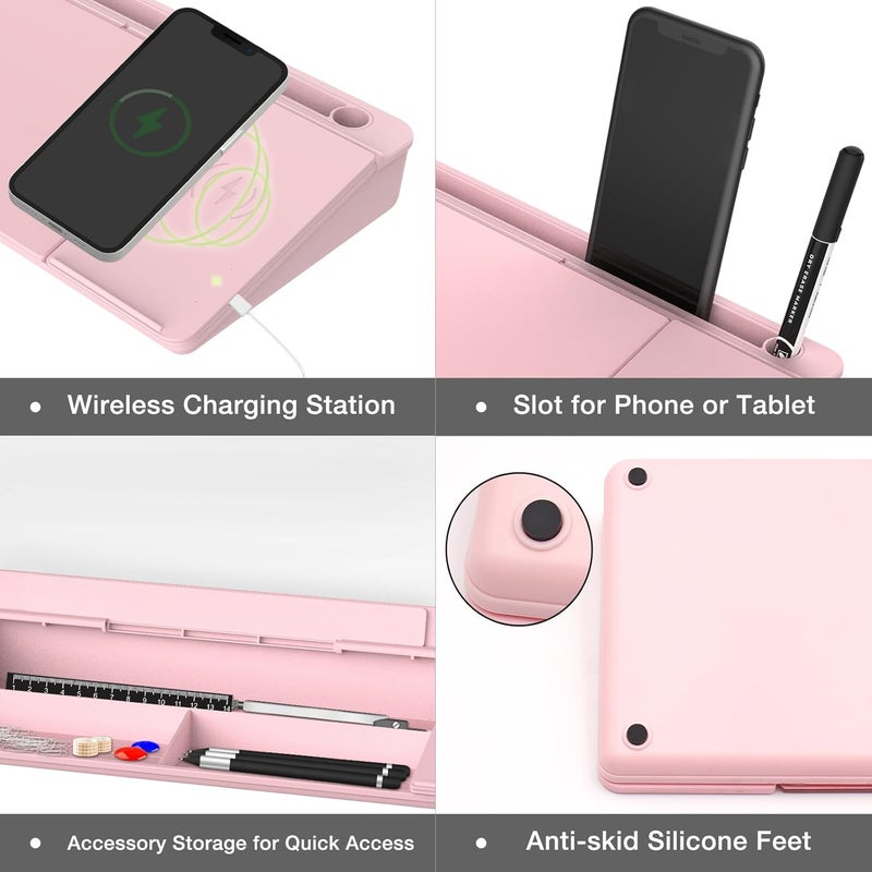 TOWON Desktop Glass Whiteboard with Charger Pad, Small Desk Whiteboard - Glass Dry Erase White Board- Desk Computer Buddy with Storage, Mirror and Charging Station, Pink, 17 x 6 in - Image 4